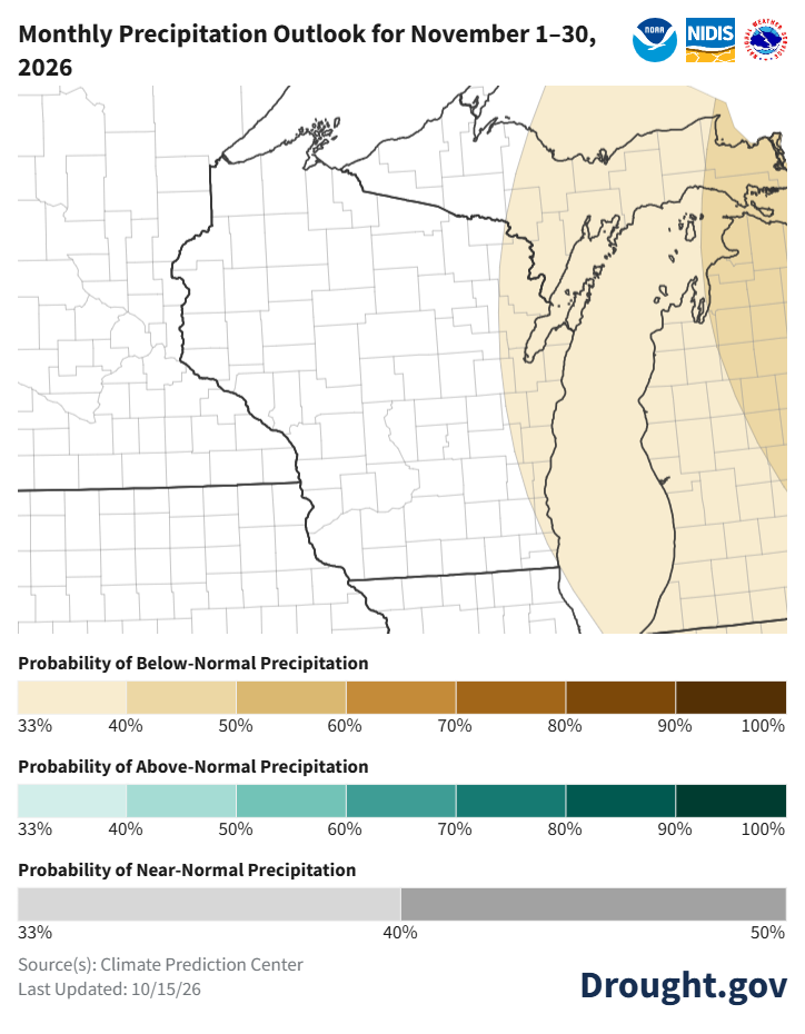 Monthly precipitation outlook map for November 1–30, 2026 showing equal chances for most of Wisconsin. 
