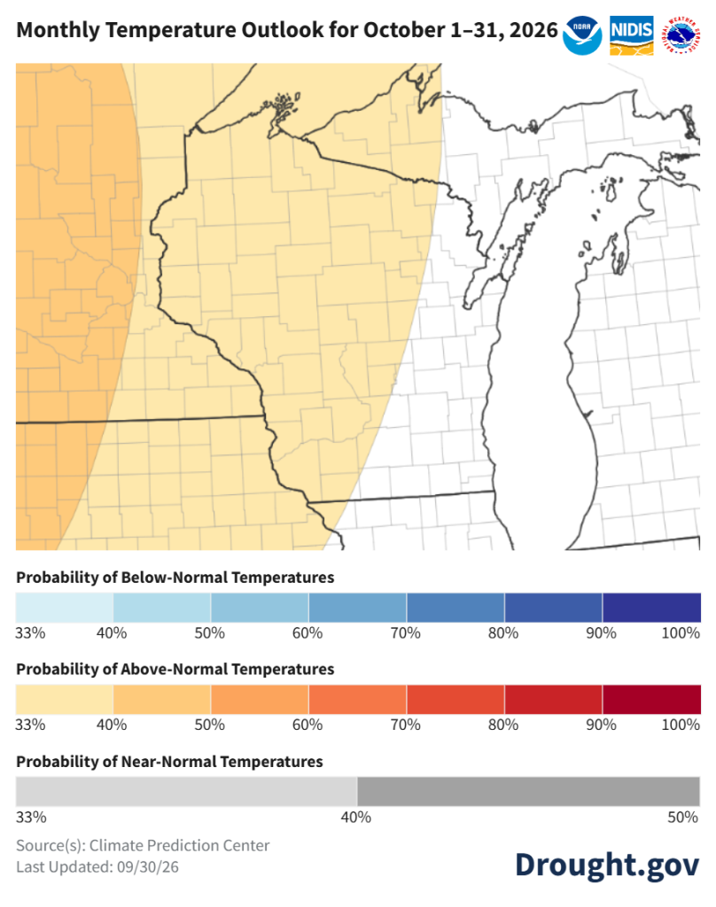 Monthly temperature outlook map for Wisconsin, October 1-31, 2026, showing probability of above-normal temperatures.