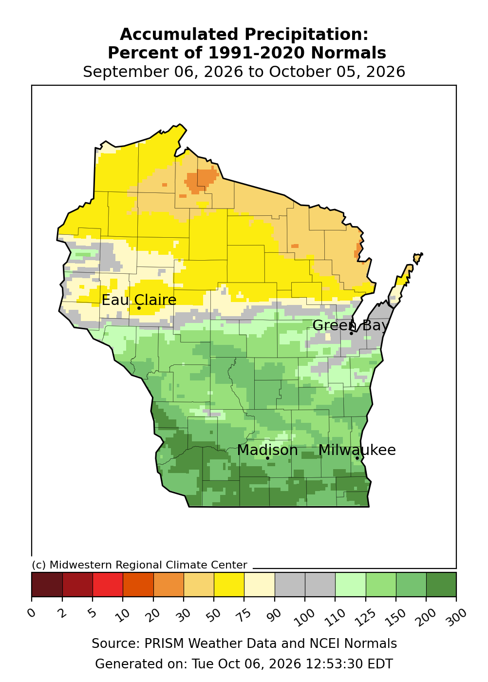 Map of Wisconsin showing accumulated precipitation as a percent of 1991–2020 normals from Sept 6 to Oct 5, 2026. 