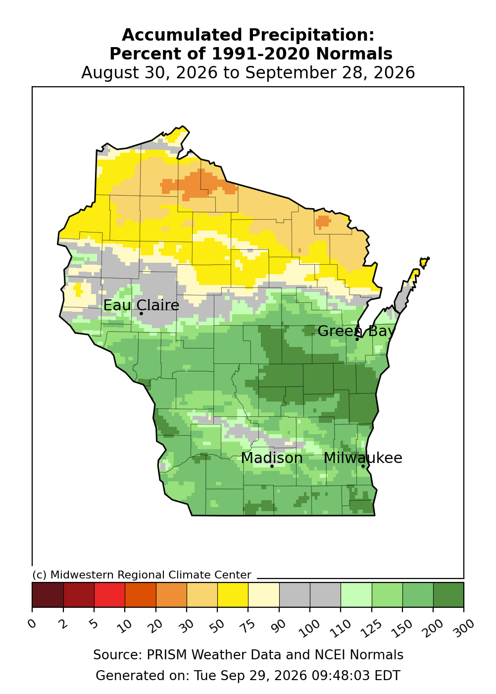 Wisconsin map showing accumulated precipitation as a percent of 1991–2020 normals from August 30 to September 28, 2026.