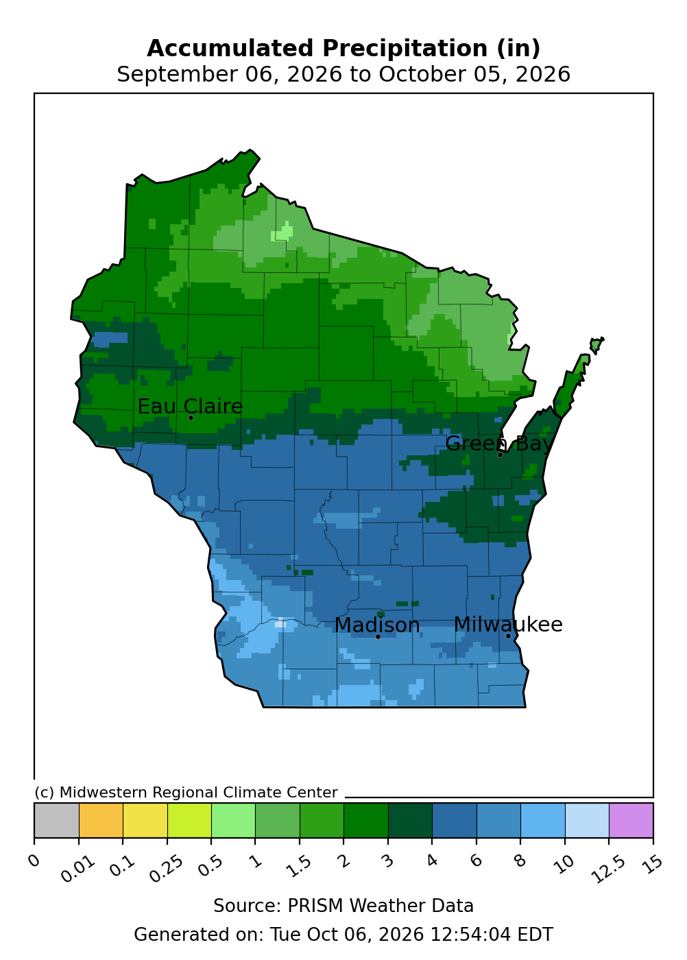 Map of Wisconsin showing total accumulated precipitation in inches from September 6 to October 5, 2026. 