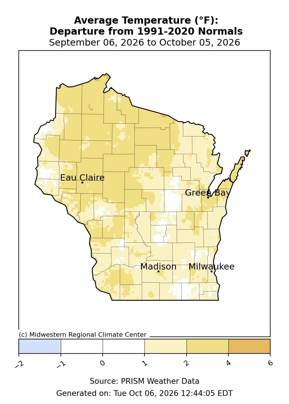 Map of Wisconsin showing average temperature departure from 1991–2020 normals from Sept 6 to Oct 5, 2026. 