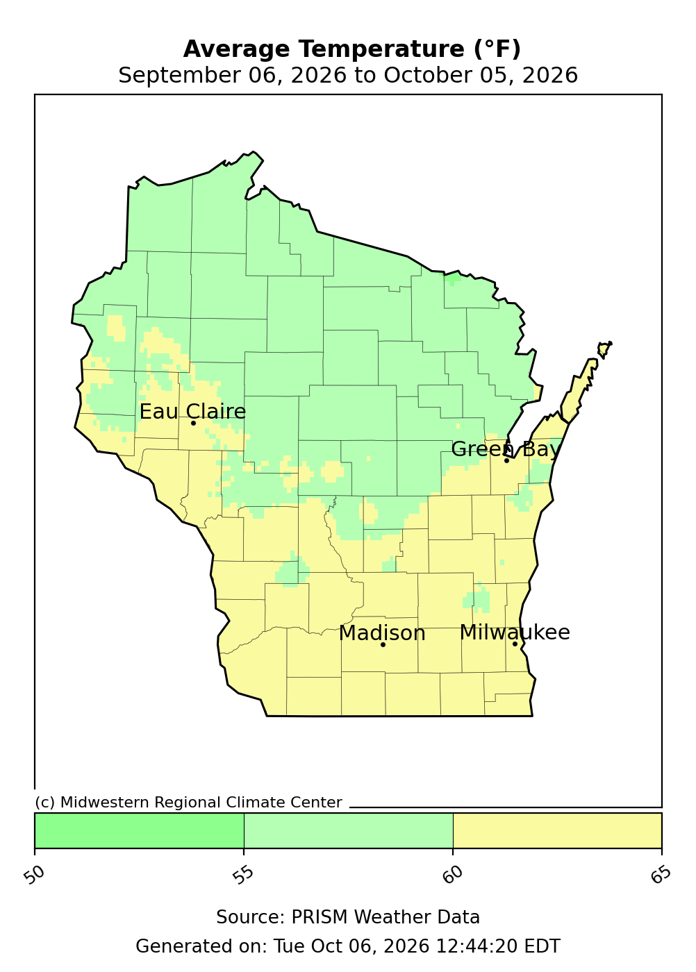 Map of Wisconsin showing average temperatures in degrees Fahrenheit from September 6 to October 5, 2026. 