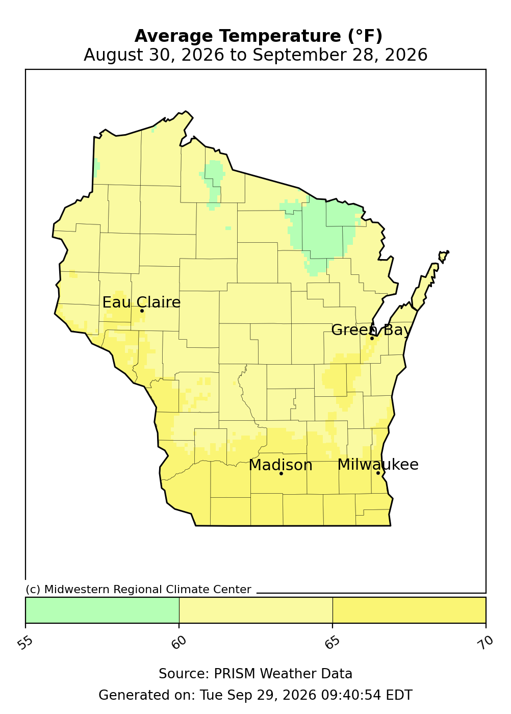 Wisconsin map showing 30-day average temperature in degrees Fahrenheit from August 30 to September 28, 2026.