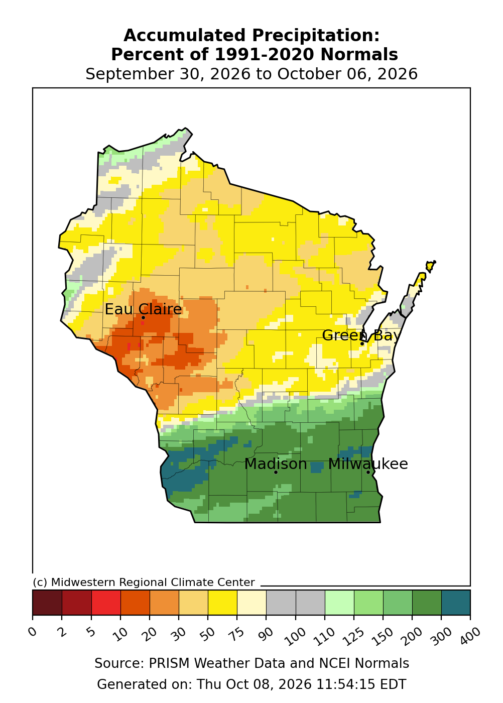 Wisconsin map showing Sept. 30–Oct. 6, 2026 precipitation at 10–50% of normal in the west and 150–400% in much of the south.
