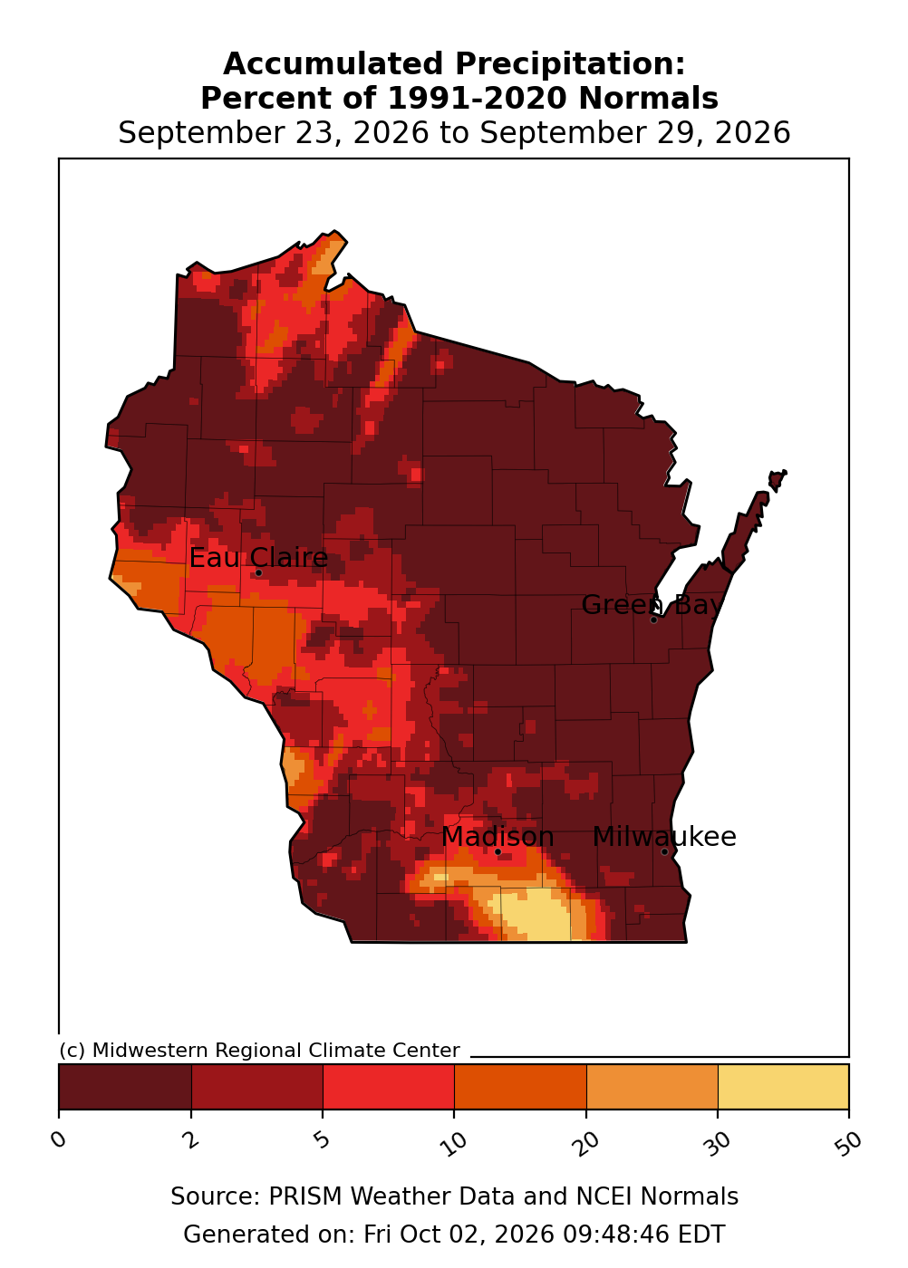 Map of Wisconsin showing accumulated precipitation as a percent of 1991-2020 normals from September 23 to 29, 2026.