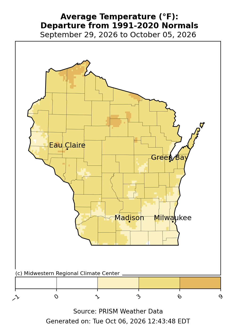 Map of Wisconsin showing average temperature departure from 1991–2020 normals from Sept 29 to Oct 5, 2026. 