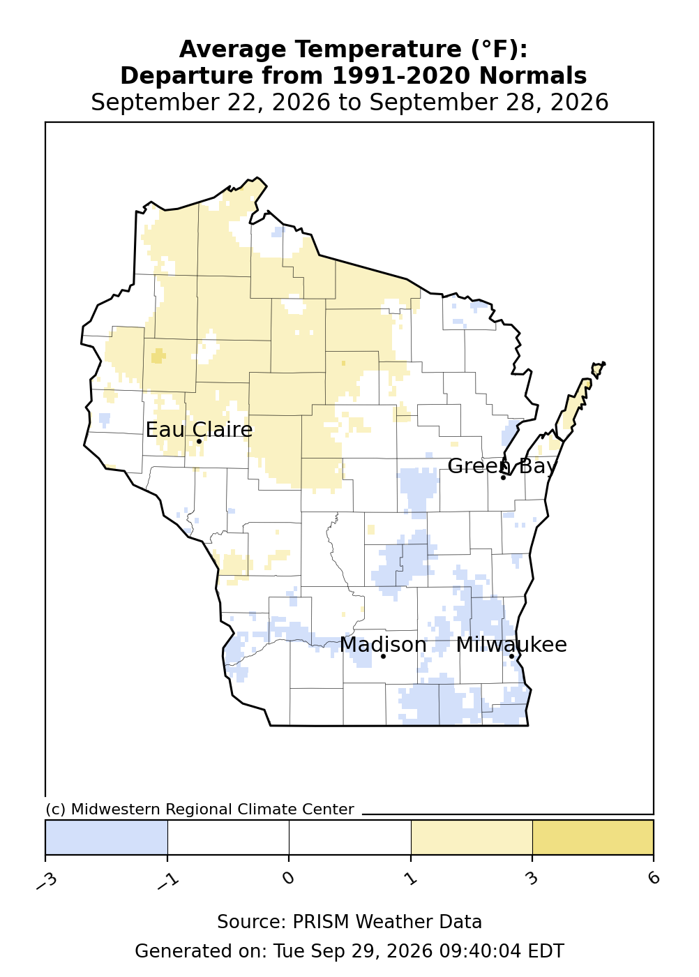 Wisconsin map showing 7-day average temperature departure from 1991–2020 normals from September 22 to September 28, 2026.