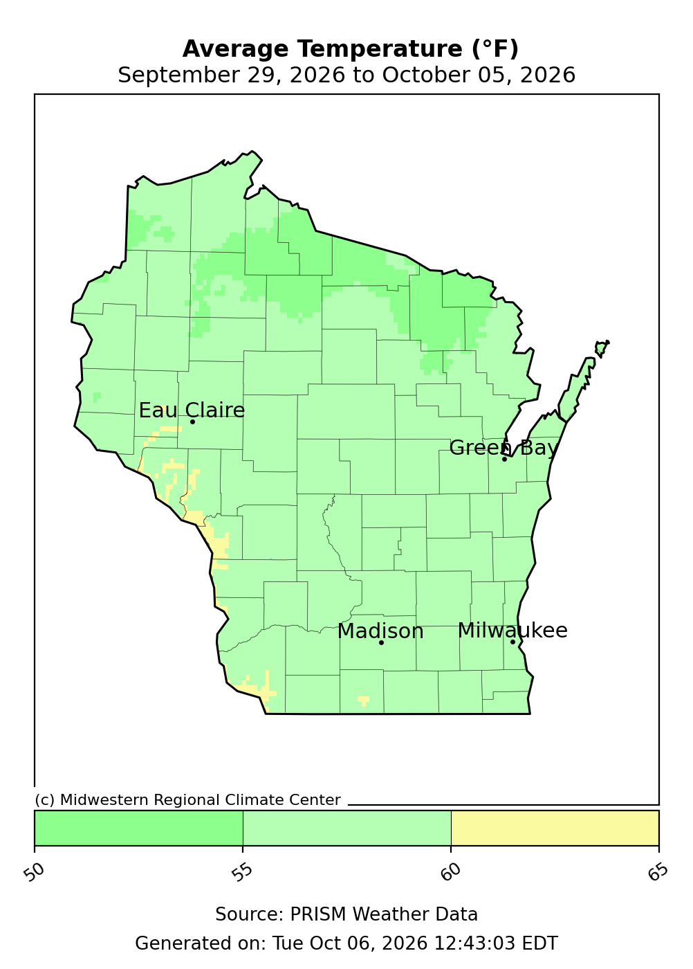 Map of Wisconsin showing average temperatures in degrees Fahrenheit from September 29 to October 5, 2026. 