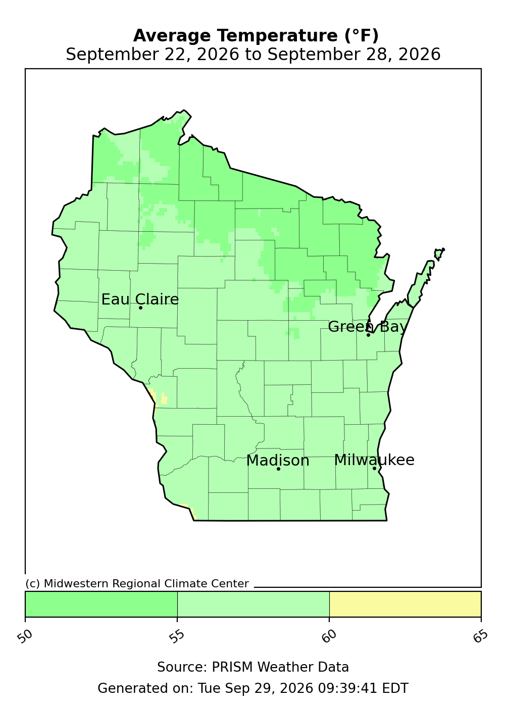 Wisconsin map showing 7-day average temperature in degrees Fahrenheit from September 22 to September 28, 2026.