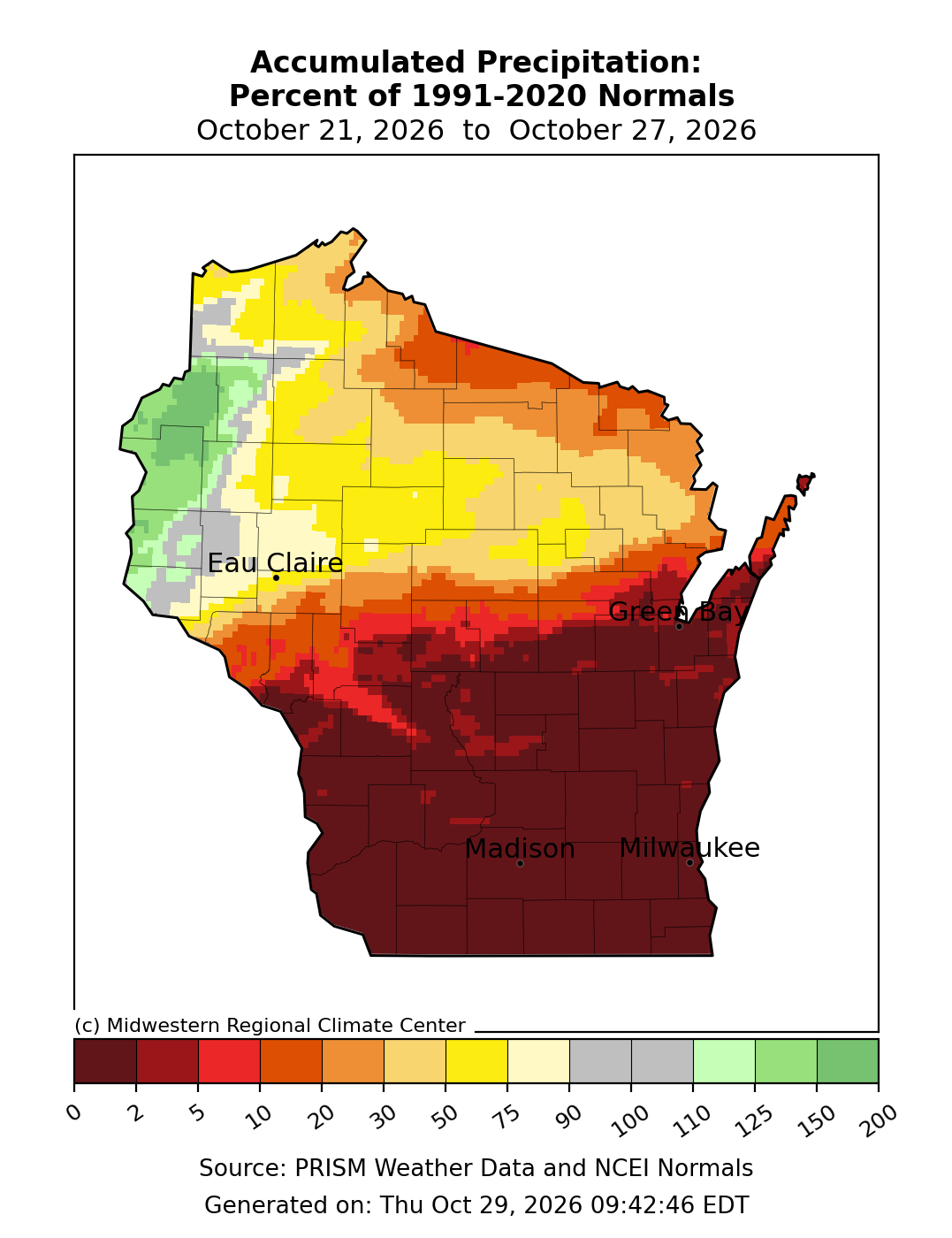 Precipitation map showing accumulated precipitation as a percent of 1991–2020 normals across Wisconsin from October 21 to 27, 2026.