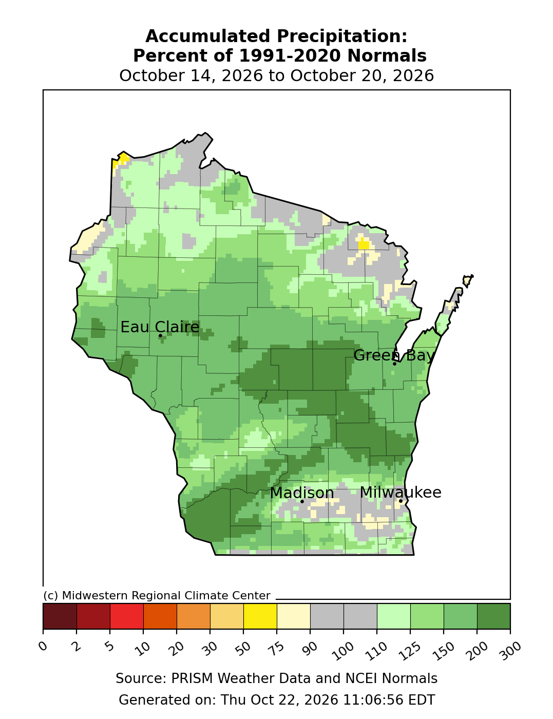 Map showing accumulated precipitation in Wisconsin from October 14 to 20, 2026, with most areas receiving 100% to 300% of normal rainfall. (137 characters) 