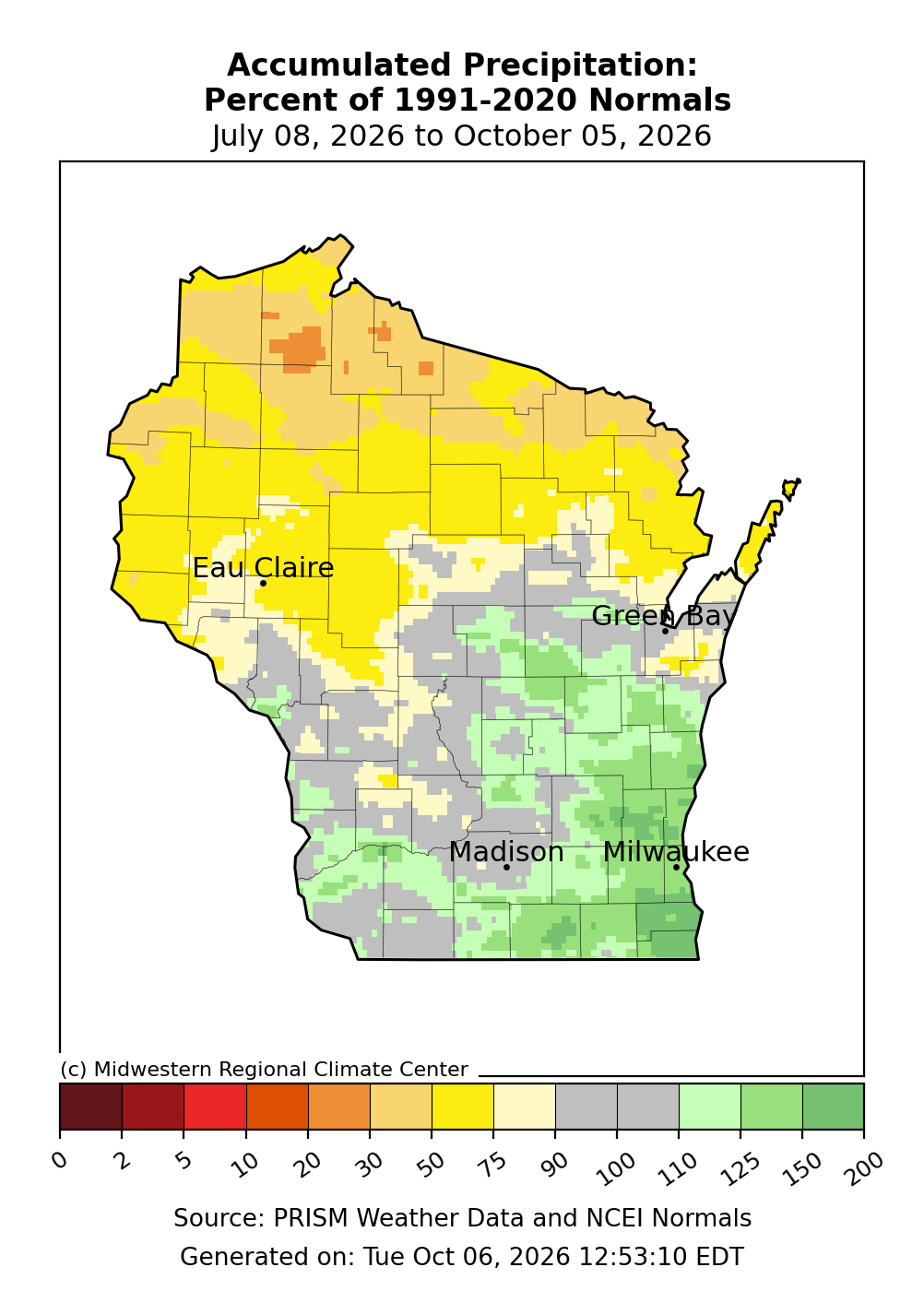 Map of Wisconsin showing accumulated precipitation percent of 1991–2020 normals from July 8 to October 5, 2026. 