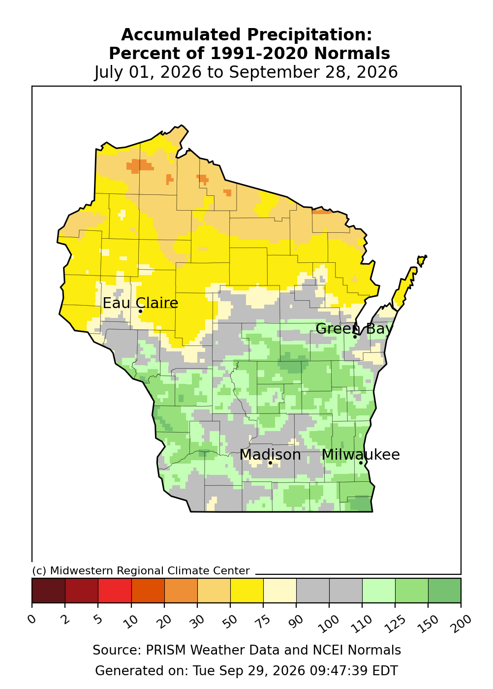 Wisconsin map showing 90-day accumulated precipitation as a percent of 1991–2020 normals from July 1 to September 28, 2026.