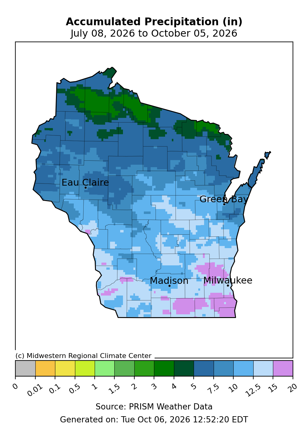 Map of Wisconsin showing total accumulated precipitation in inches from July 8 to October 05, 2026. 