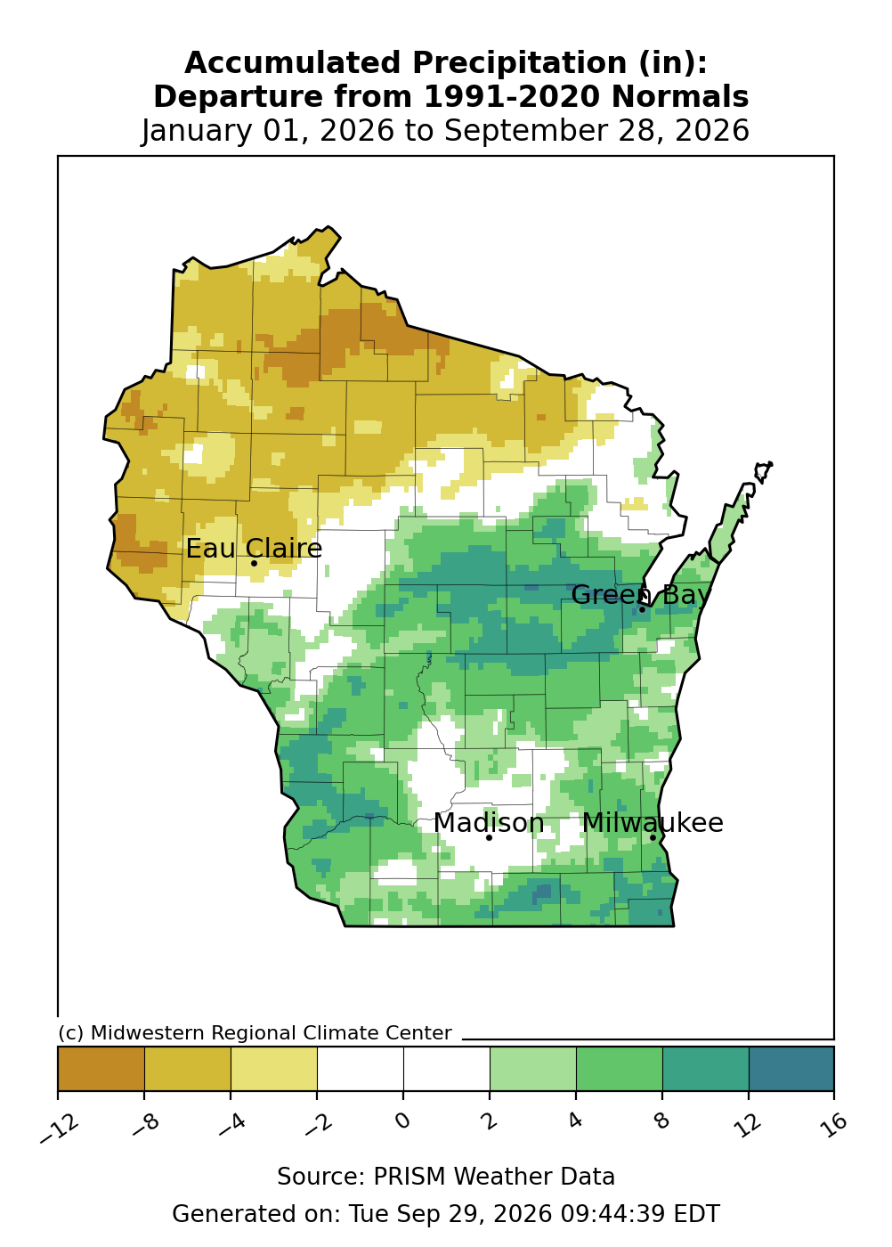 Wisconsin map showing precipitation departure from 1991–2020 normals in inches from January 1 to September 28, 2026.