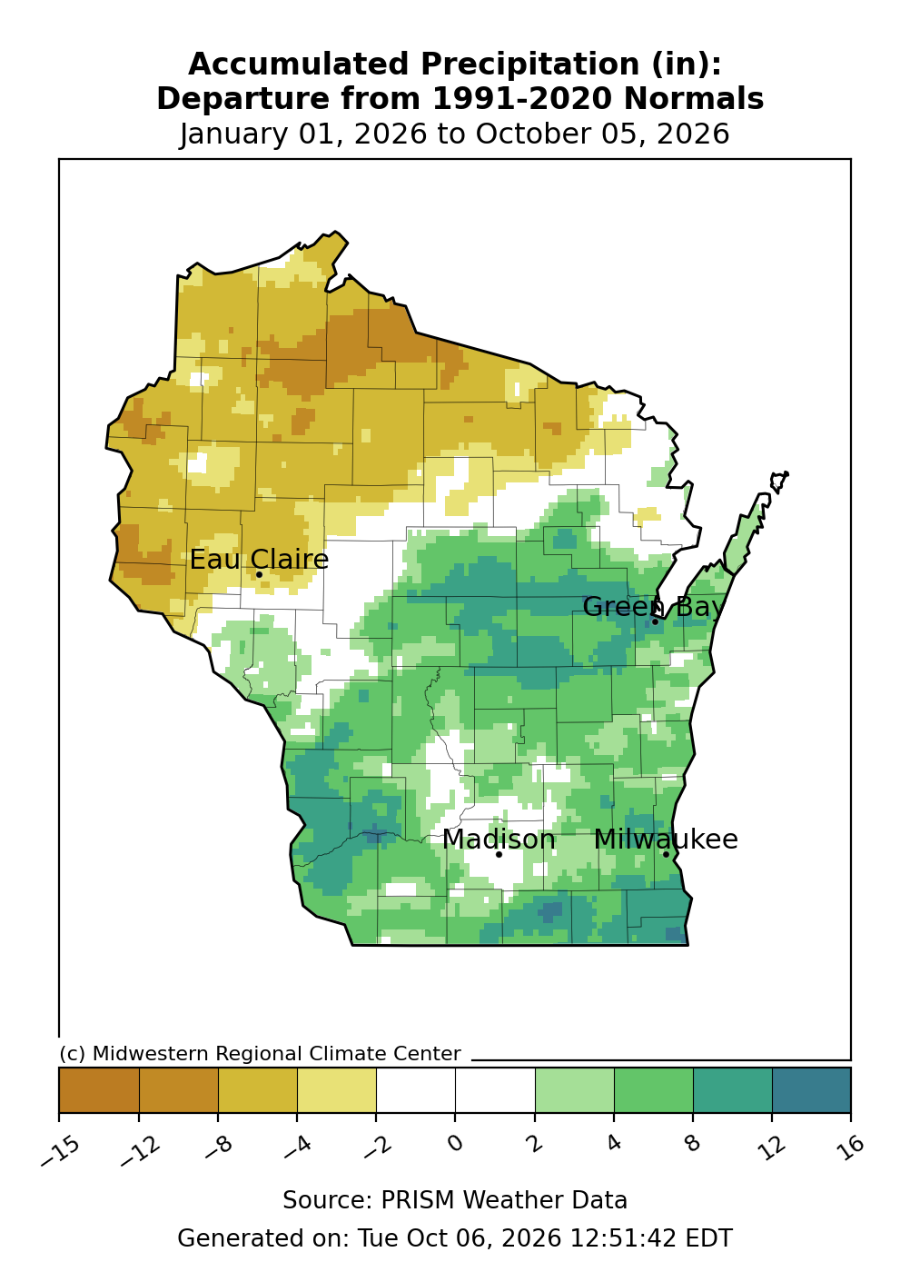 Map of Wisconsin showing precipitation departure from 1991–2020 normals in inches, Jan 1 to Oct 5, 2026.
