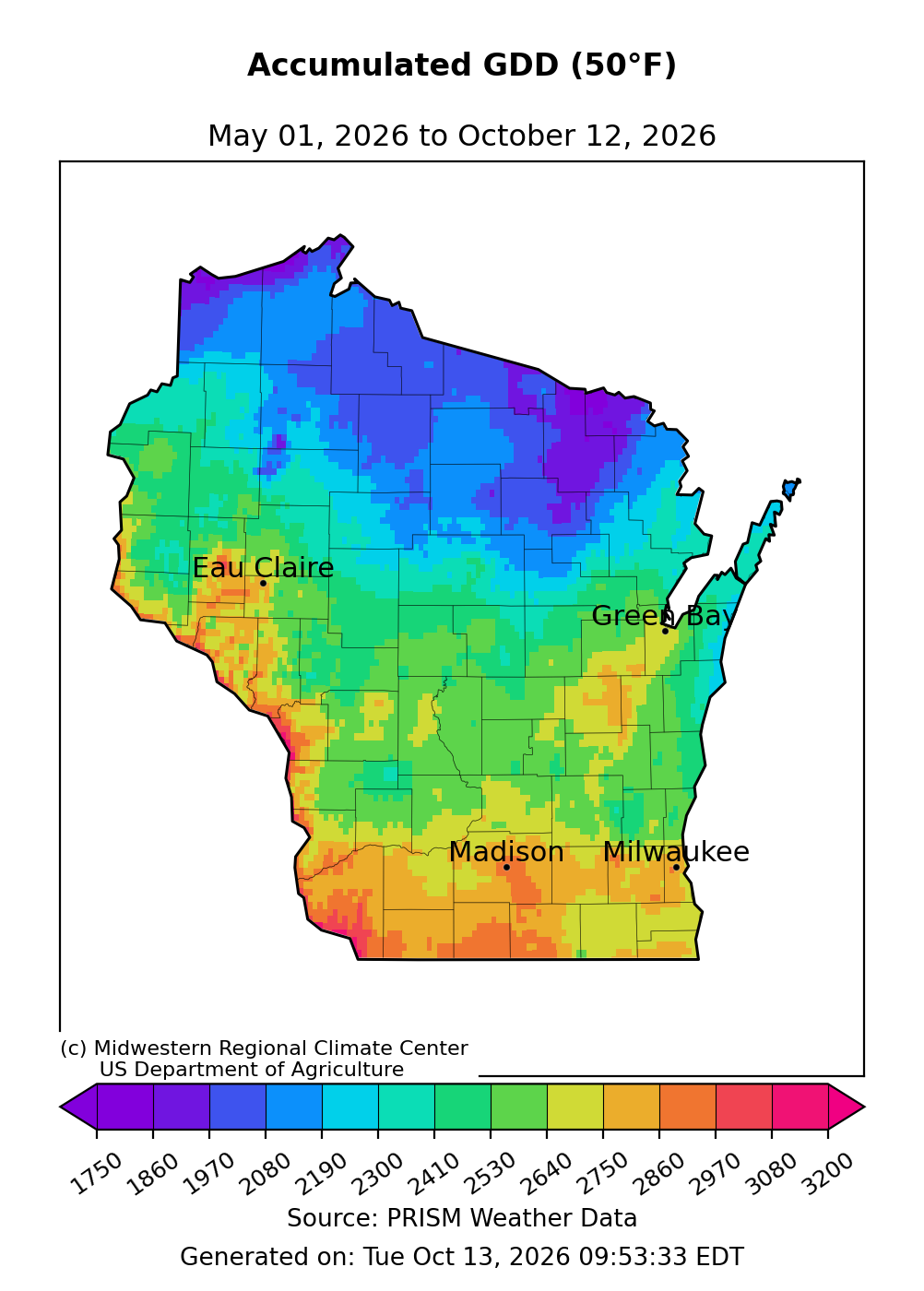 Wisconsin accumulated growing degree days (base 50°F) map, May 1 to Oct 12, 2026. Totals range from under 1,860 in north to over 2,970 in south. 