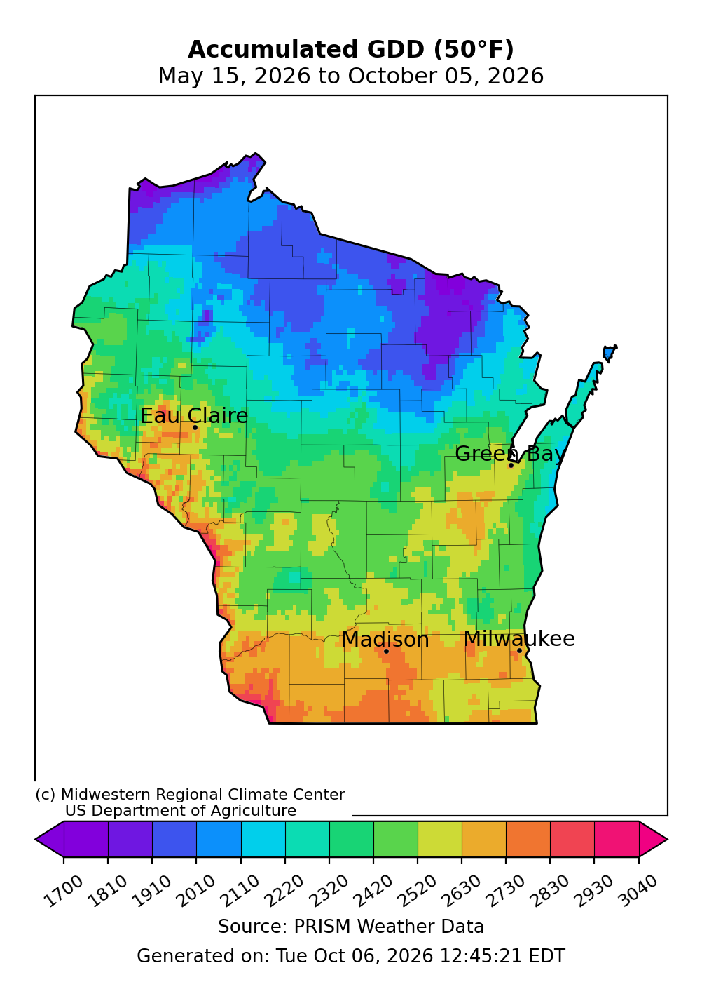 Map of Wisconsin showing accumulated growing degree days base 50 degrees Fahrenheit from May 15 to Oct 5, 2026. 