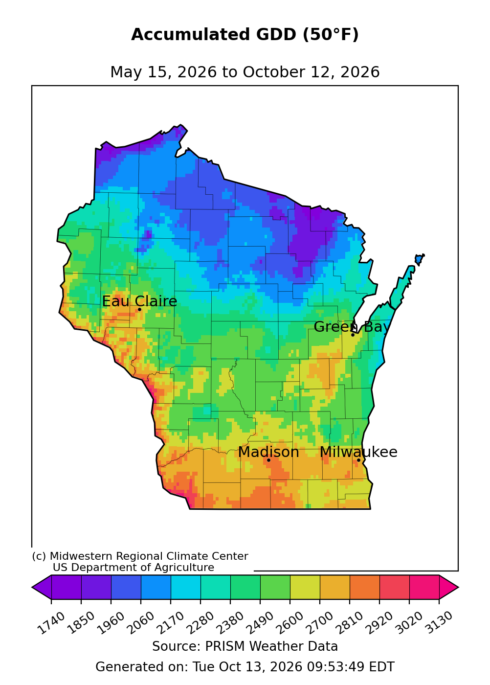 Wisconsin accumulated growing degree days (base 50°F) map, May 15 to Oct 12, 2026. Values range from under 1,850 in north to over 2,810 in south. 