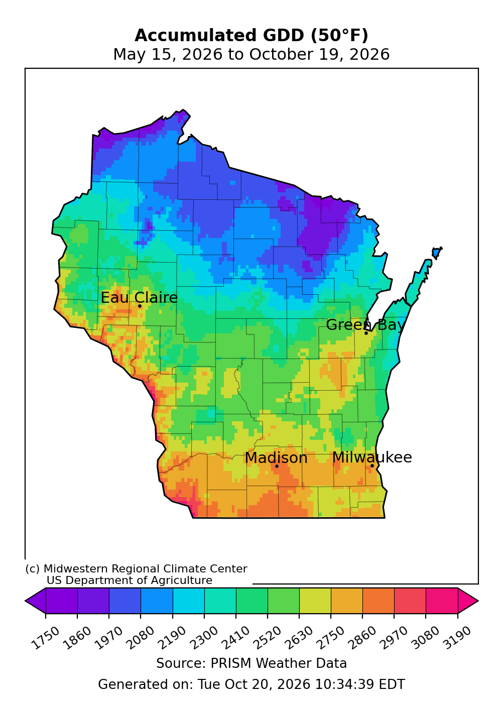 Map of accumulated growing degree days (50°F) in Wisconsin from May 15 to October 19, 2026. 