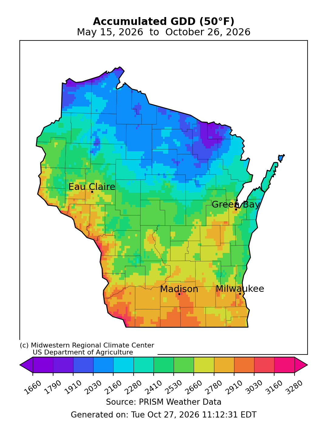 Wisconsin map of accumulated Growing Degree Days (50°F) from May 15 to October 26, 2026, ranging from under 1,660 to over 3,280.   