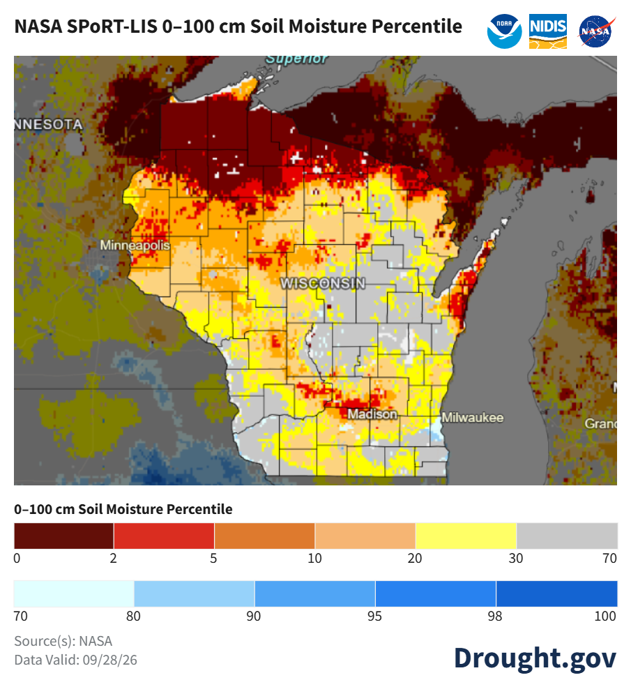 Wisconsin map showing NASA SPORT-LIS 0–100 cm soil moisture percentiles valid September 28, 2026.