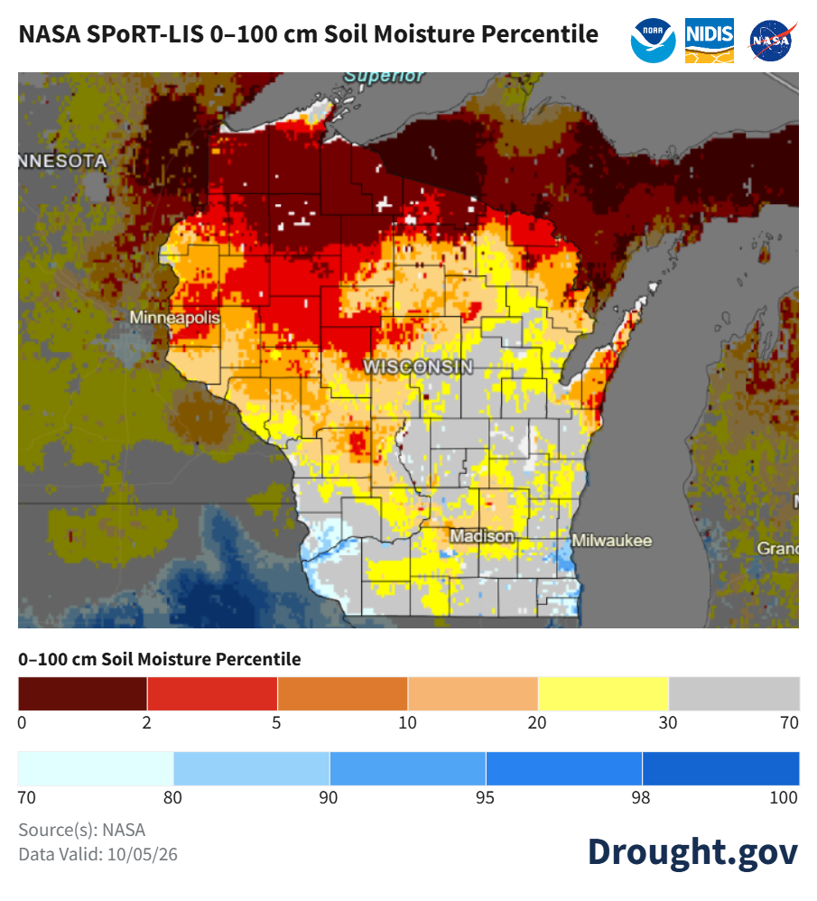 Wisconsin map of 0–100 cm soil moisture percentiles valid October 5, 2026, showing expanding northern dry conditions. 