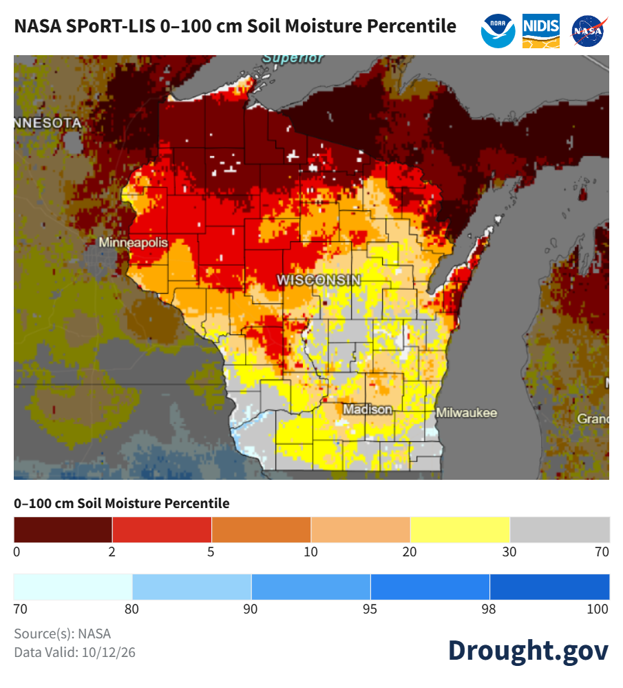 NASA SPoRT-LIS soil moisture percentile map for Wisconsin valid October 12, 2026, showing dry soil conditions. 