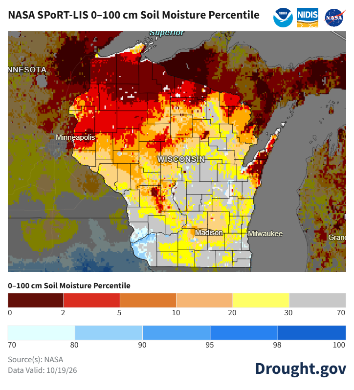 NASA SPoRT-LIS soil moisture percentile map for Wisconsin valid October 19, 2026, showing widespread dry soils. 