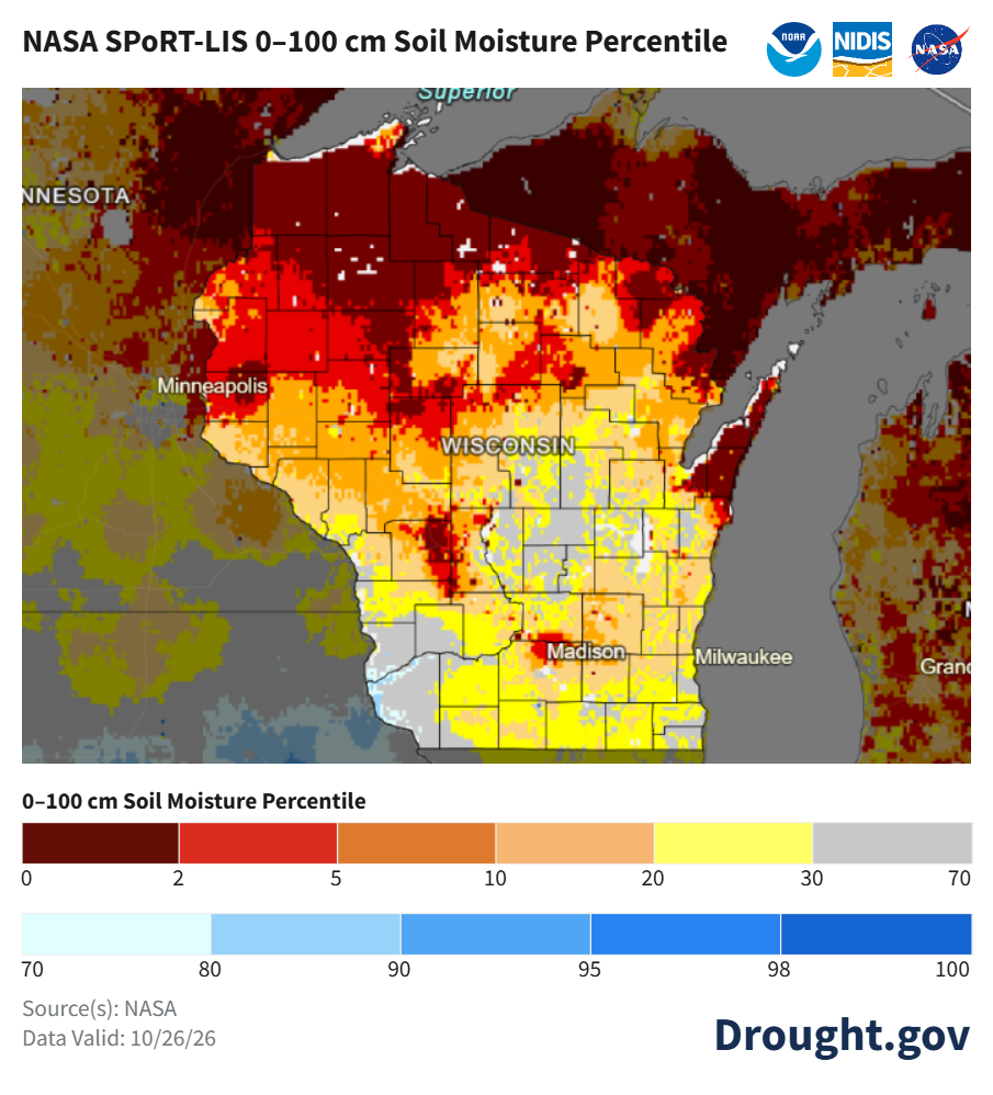  NASA SPoRT-LIS map of 0–100 cm soil moisture percentiles for Wisconsin valid October 26, 2026, showing dry conditions.   