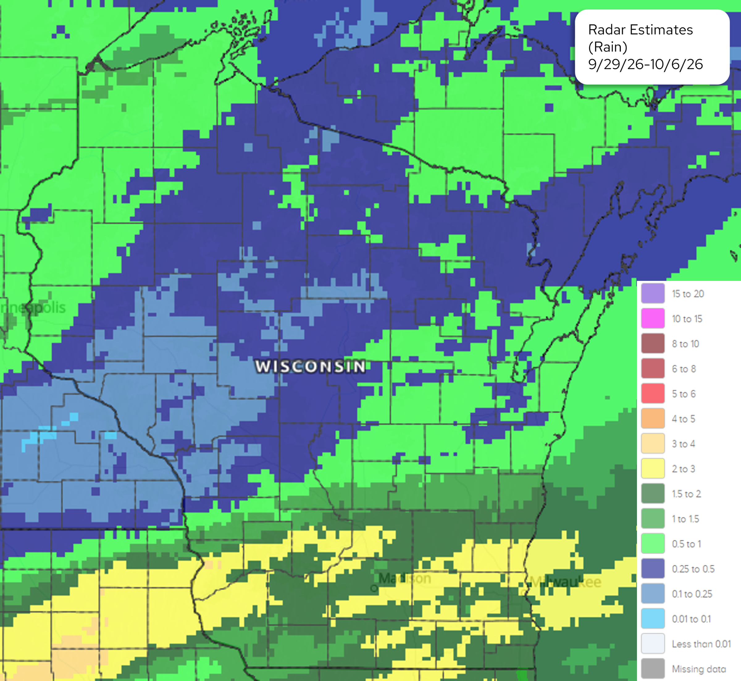 Radar-estimated 7-day rainfall map for Wisconsin and surrounding regions from Sept 29 to Oct 6, 2026. 