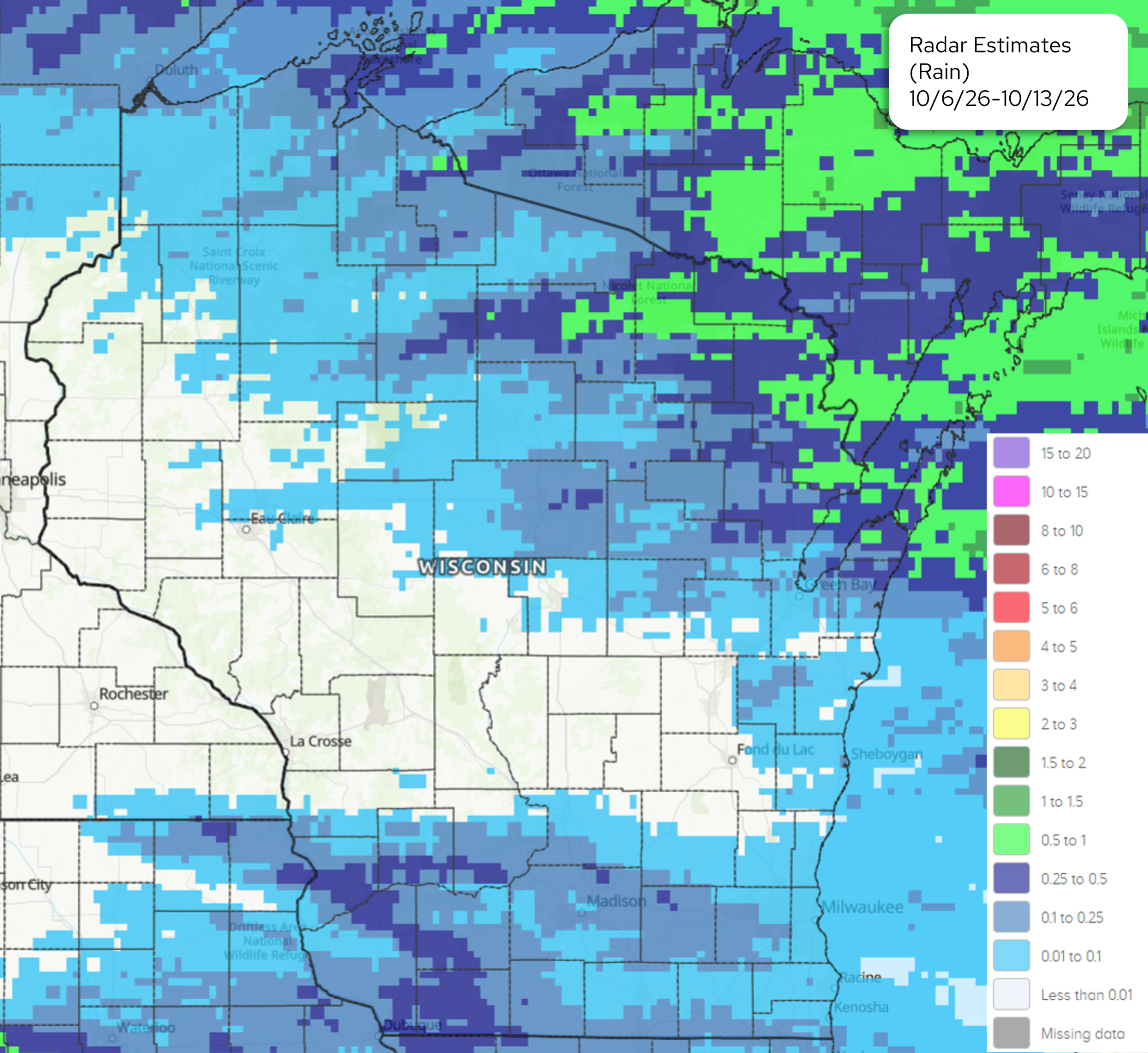 NOAA 7-day radar precipitation estimates for Wisconsin region, 10/6/26–10/13/26. West under 0.01 in, eastern area 0.25–1.0 in. 