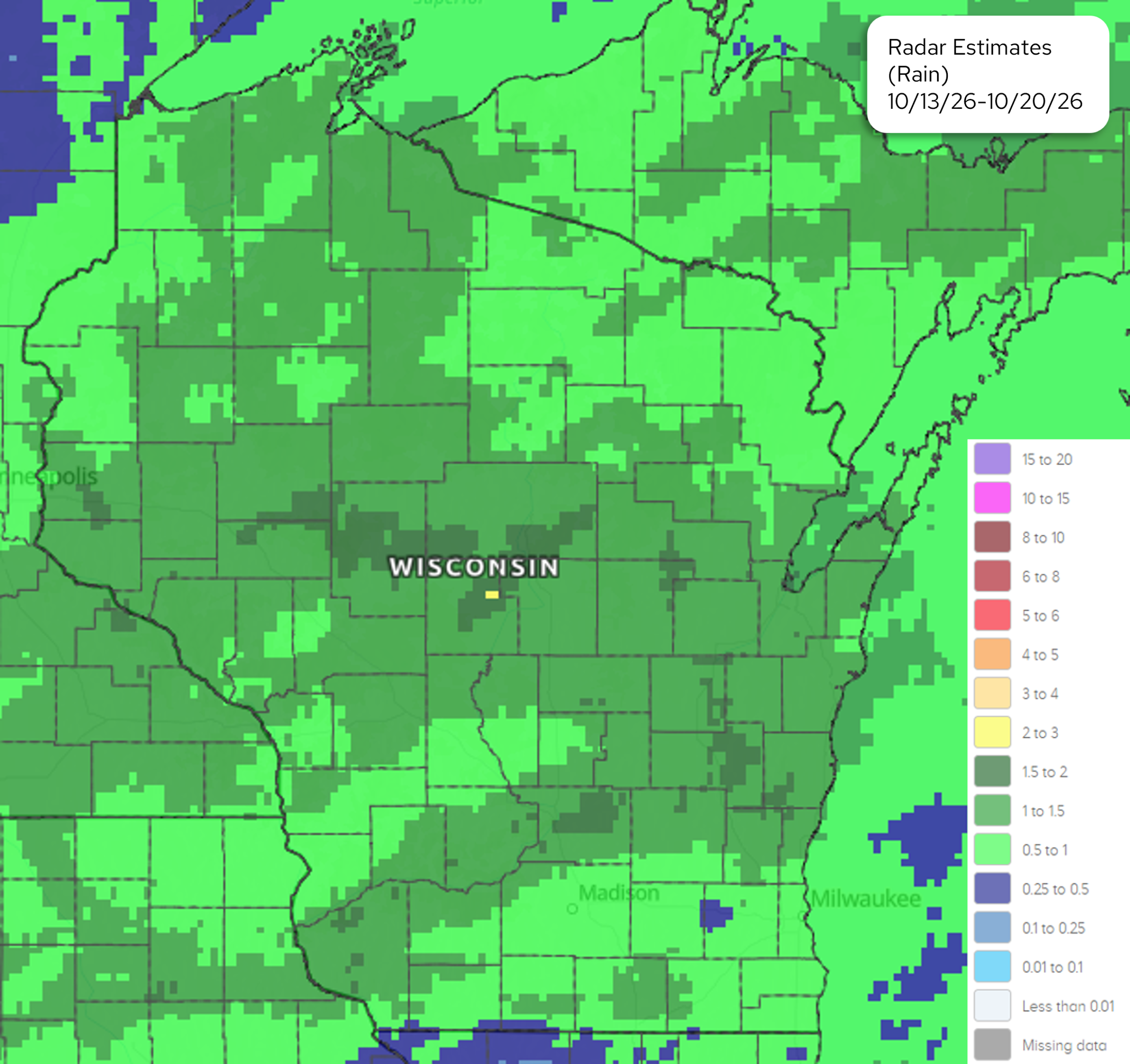 7-day radar precipitation estimate map for Wisconsin from October 13 to October 20, 2026. 
