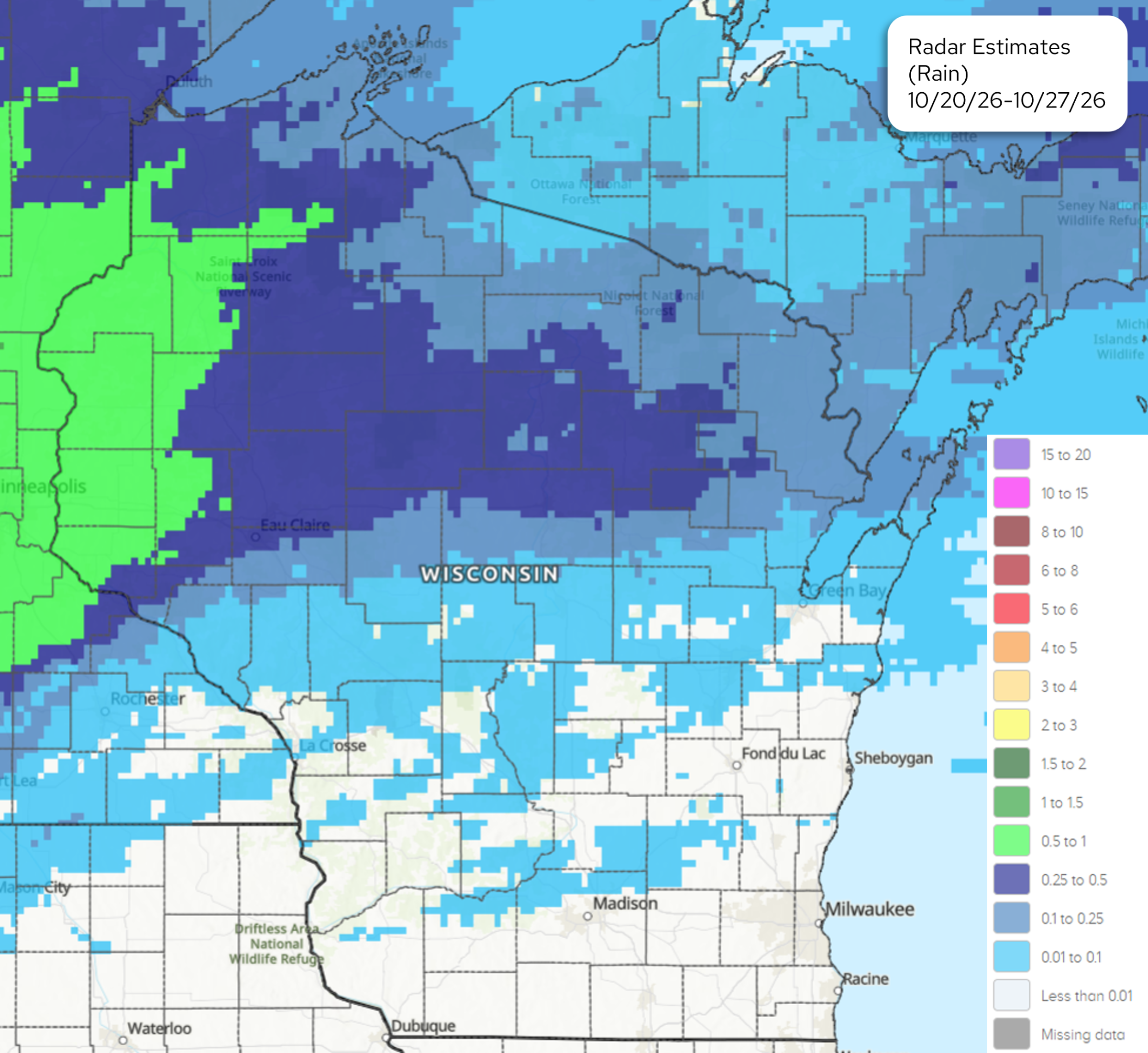  Radar estimates map of rain accumulation across Wisconsin from October 20 to October 27, 2026, showing up to 1 inch. 