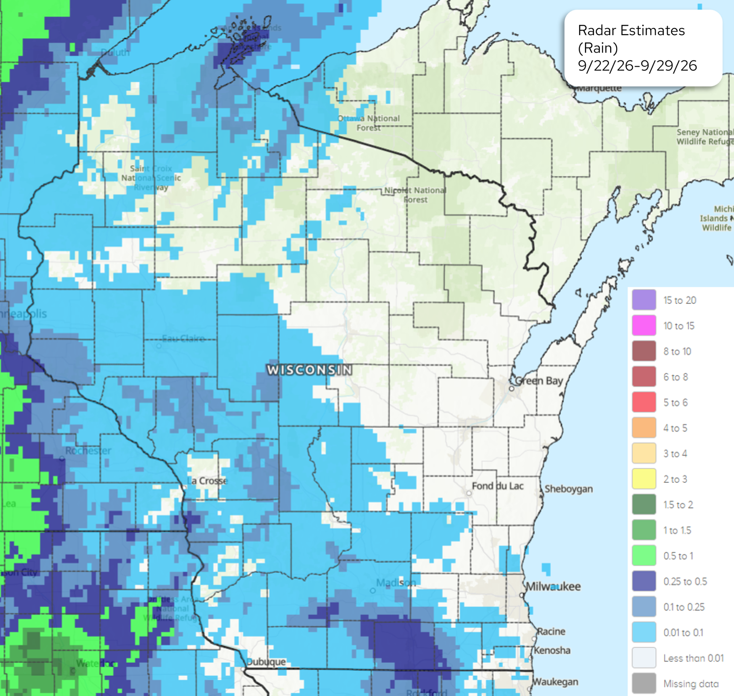 Radar estimated 7-day rainfall totals across Wisconsin and surrounding areas from September 22 to September 29, 2026.