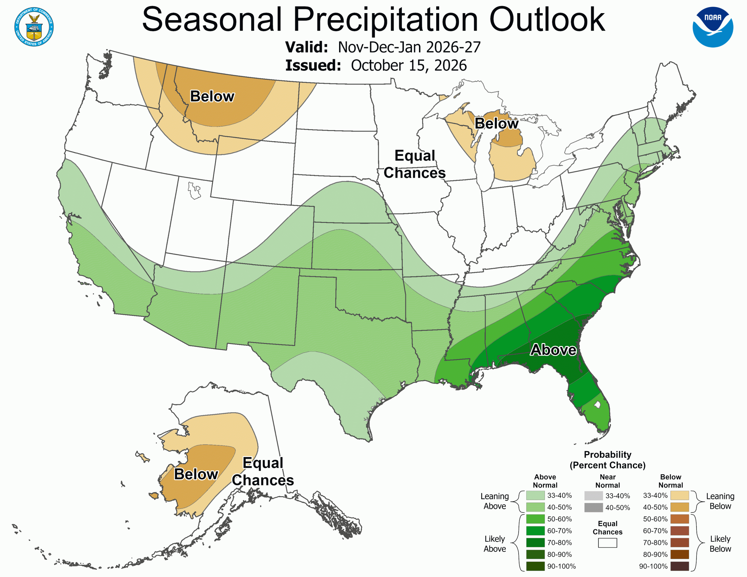 U.S. seasonal precipitation outlook map for November-January 2026-27, showing equal chances of normal precipitation for Wisconsin.