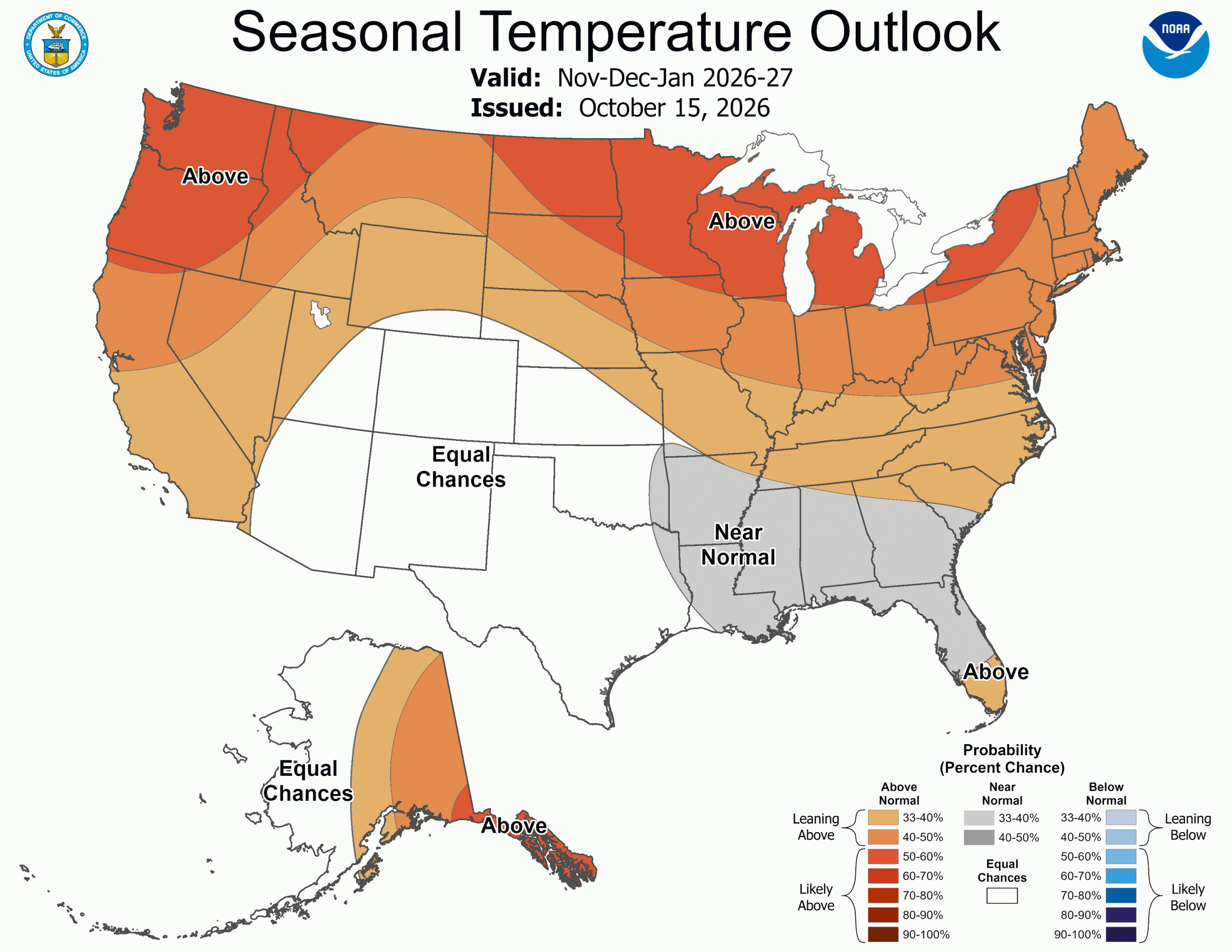 U.S. seasonal temperature outlook map for November-January 2026-27, indicating a 50 to 70 percent chance of above-normal temperatures in Wisconsin.