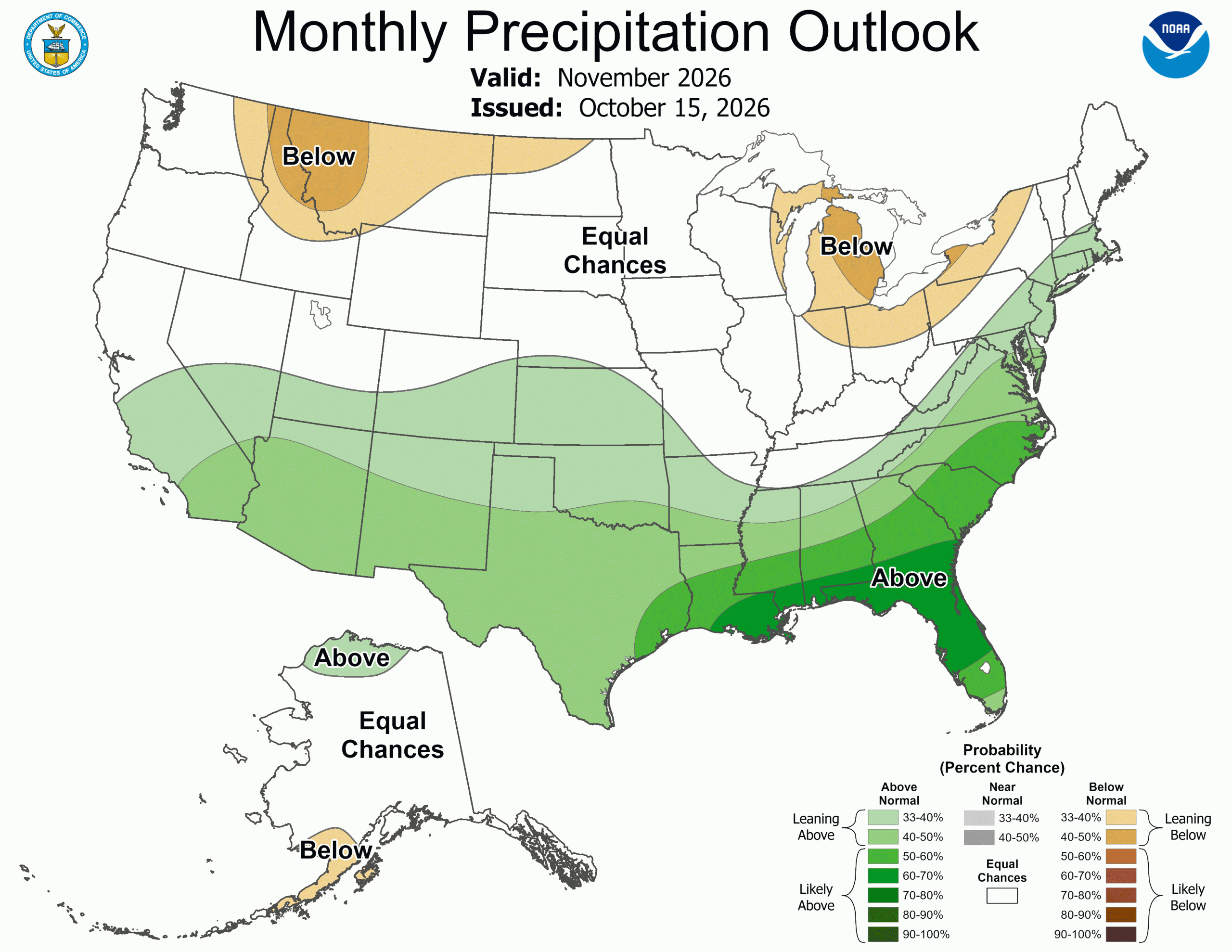 U.S. monthly precipitation outlook map for November 2026, showing equal chances of normal precipitation for Wisconsin.