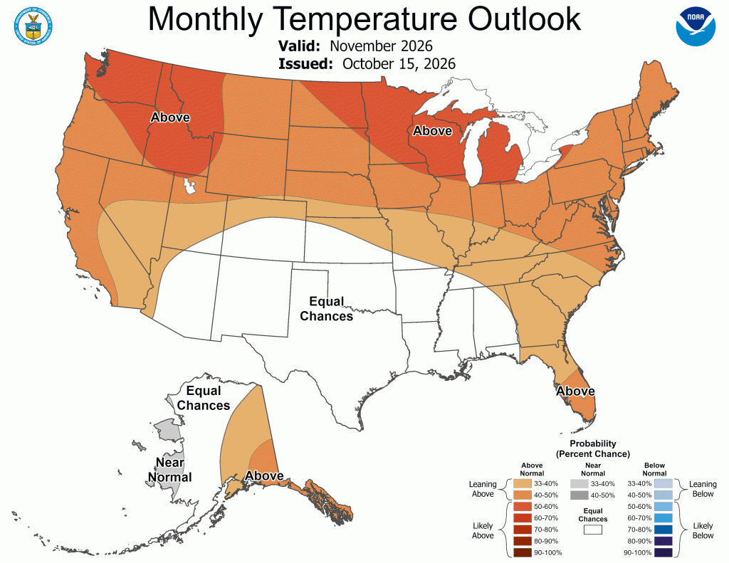  U.S. monthly temperature outlook map for November 2026, showing a 60 to 70 percent probability of above-normal temperatures in Wisconsin.
