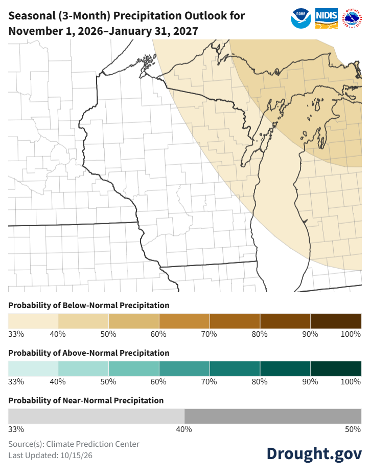 Seasonal precipitation outlook map for November 1, 2026, to January 31, 2027, showing equal chances for Wisconsin