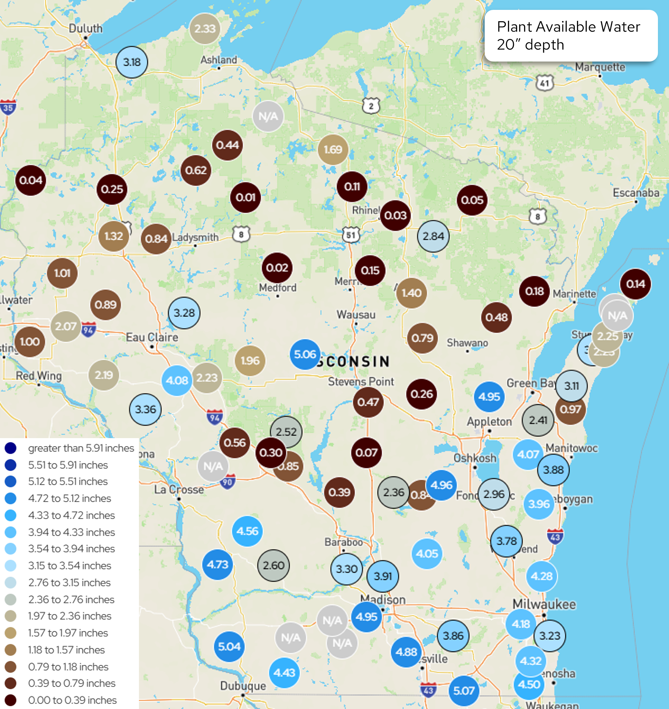 Wisconsin map displaying station measurements of plant available water in inches at 20-inch soil depth on October 5, 2026. 