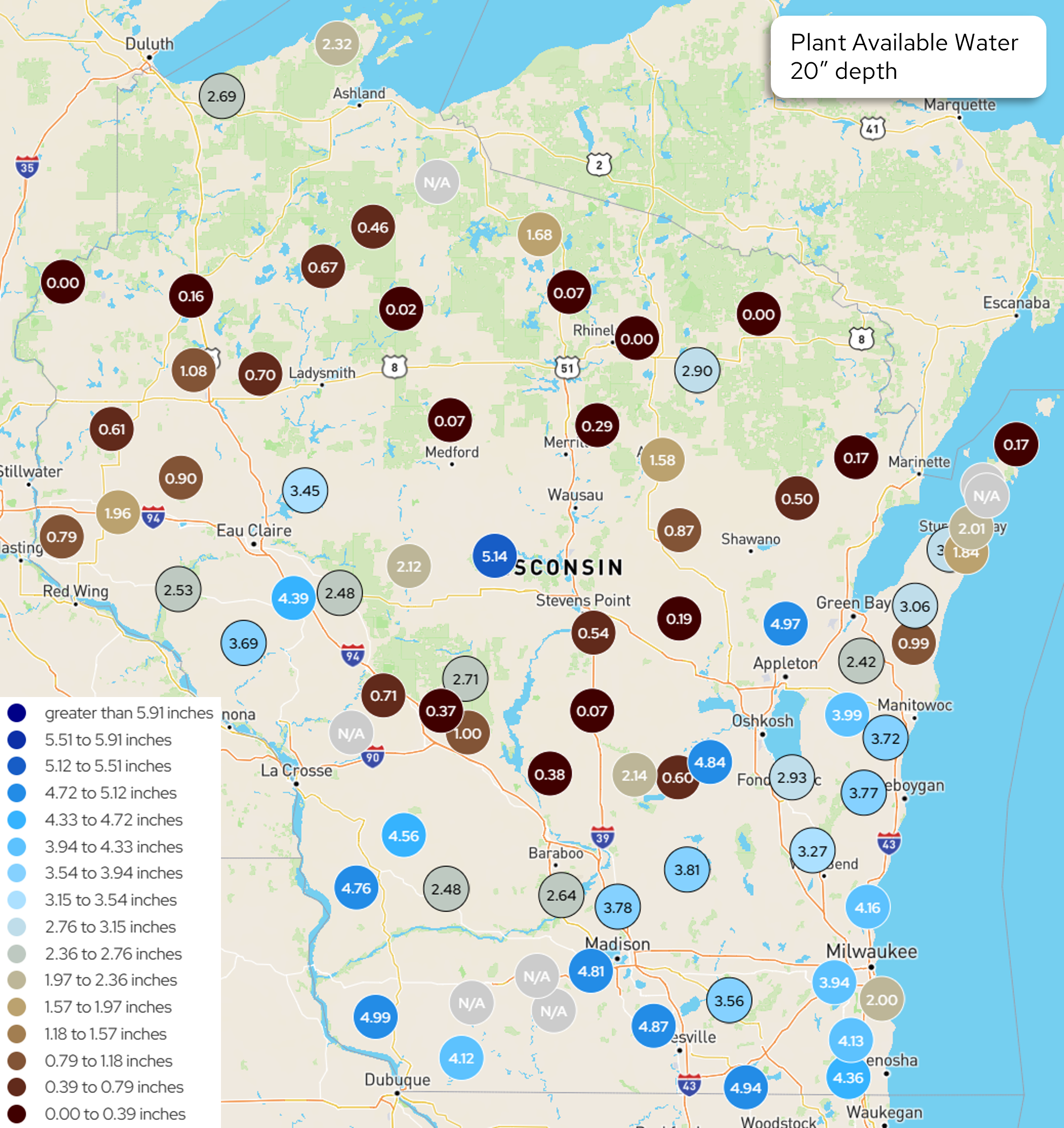 Wisconsin map showing plant available water in inches at a 20-inch soil depth across monitoring stations.