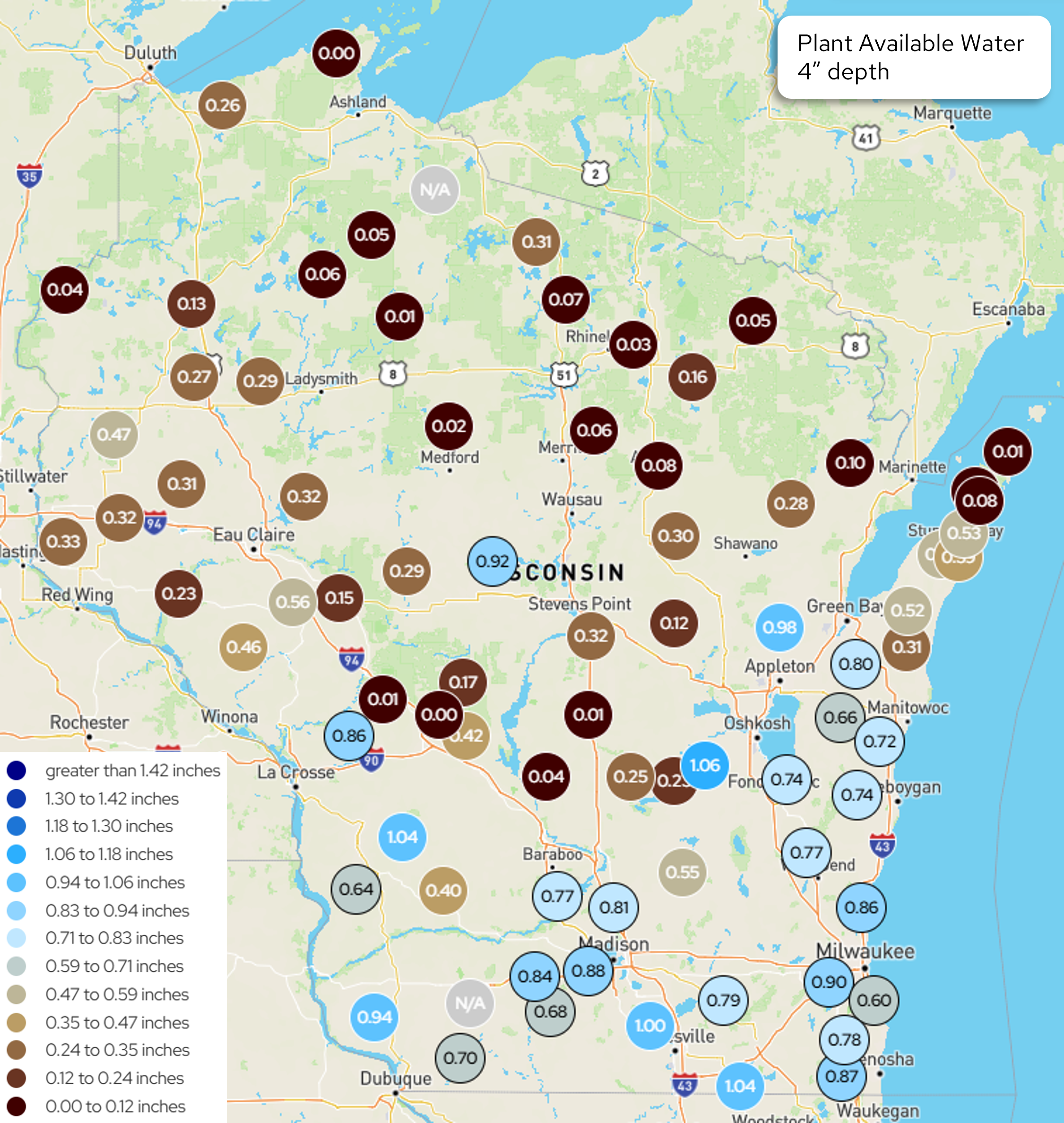 Wisconsin map displaying station measurements of plant available water in inches at 4-inch soil depth on October 5, 2026. 