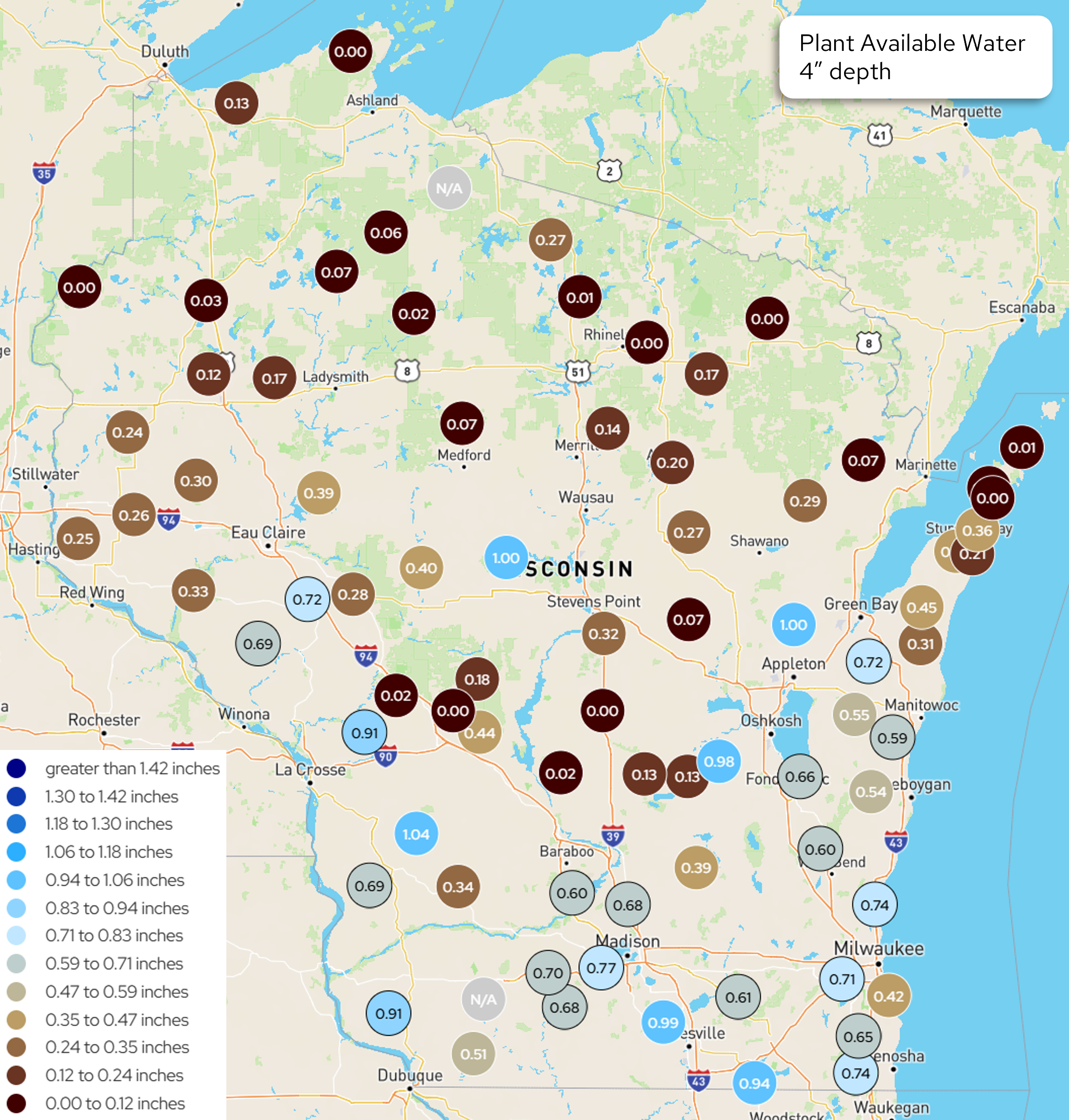 Wisconsin map showing plant available water in inches at a 4-inch soil depth across monitoring stations.