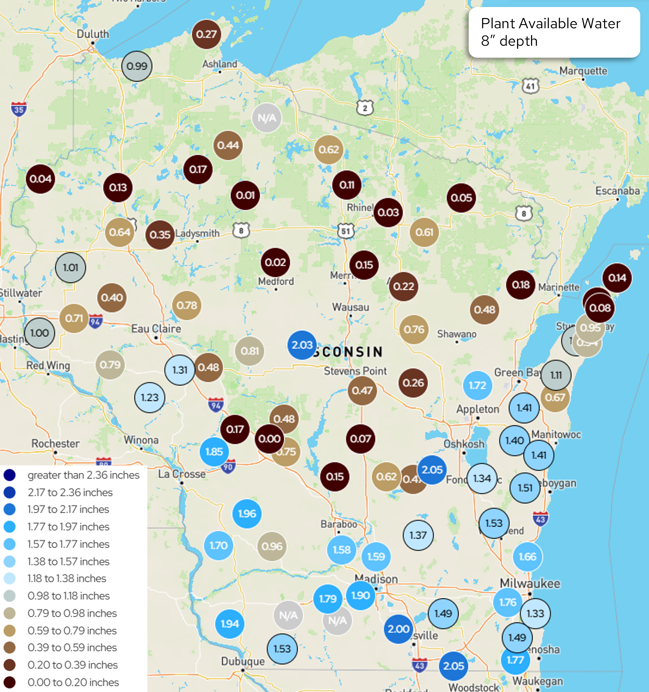 Wisconsin map displaying station measurements of plant available water in inches at 8-inch soil depth on October 5, 2026. 