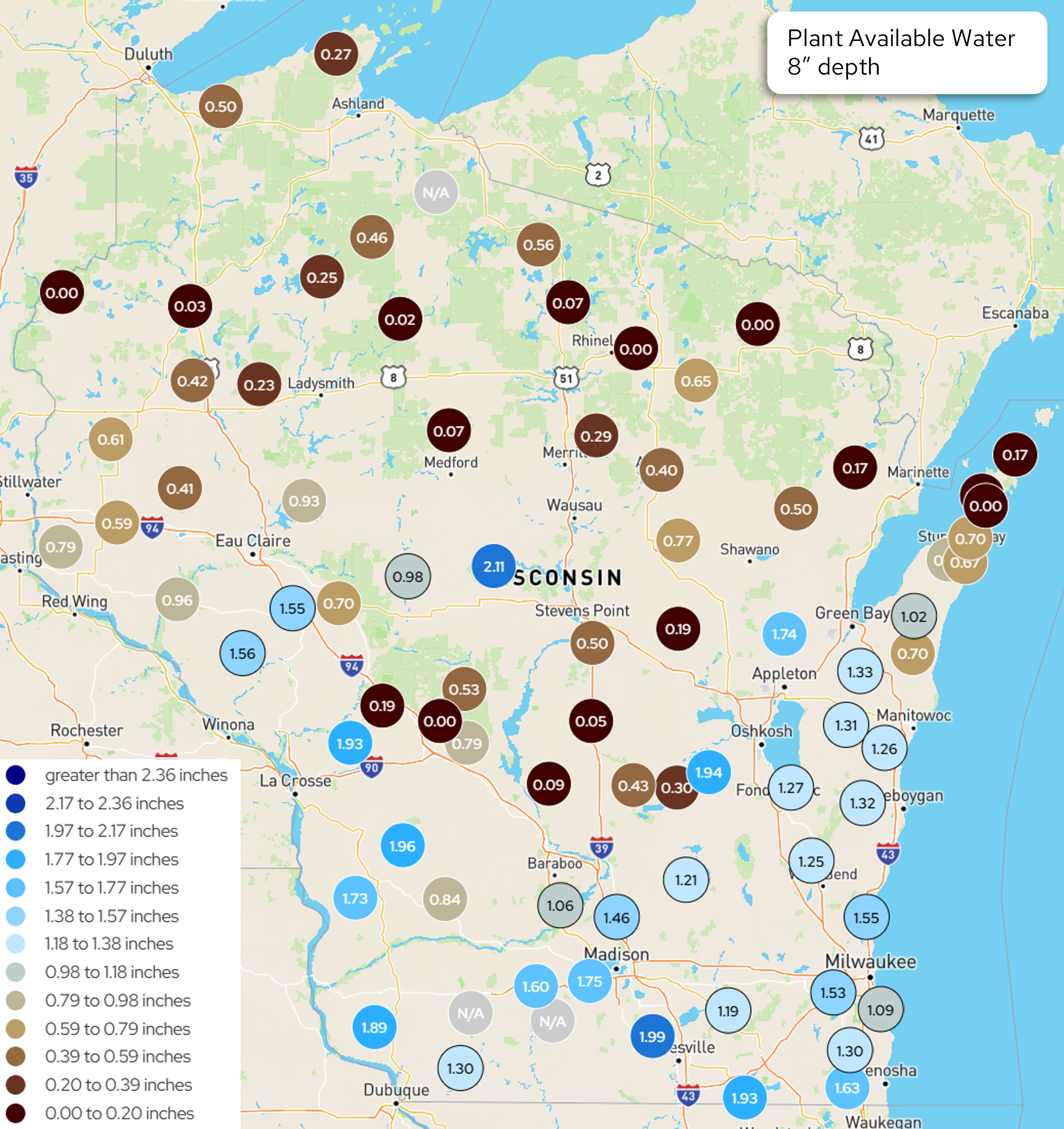 Wisconsin map showing plant available water in inches at an 8-inch soil depth across monitoring stations.